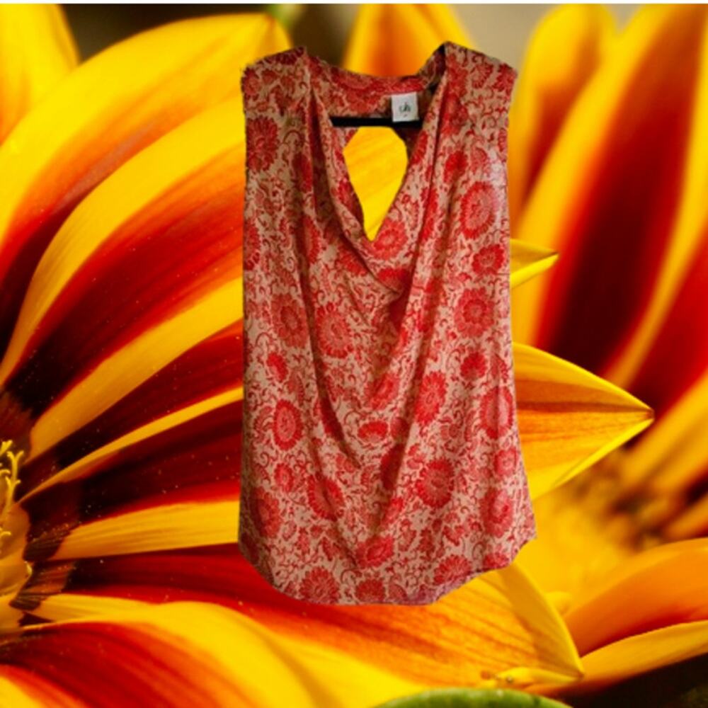 Cabi medium NWOT sleeveless cowl neck cutout back orange and tan woman's blouse